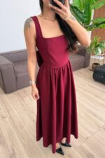 Kare Yaka Fiyonklu Elbise Bordo - Görsel 2