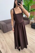 Kare Yaka Fiyonklu Elbise Kahverengi - Görsel 2