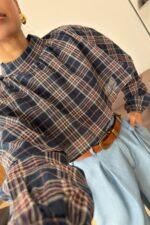 Yakalı Ekose Uzun Kol Crop Lacivert - Görsel 2