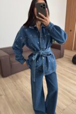 Zımbalı Denim Gömlek Pantolon Takım Mavi - Görsel 2