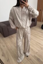 Desenli Fermuarlı Hırka Pantolon Takım Vizon - Görsel 2