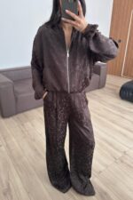 Desenli Fermuarlı Hırka Pantolon Takım Kahverengi - Görsel 2