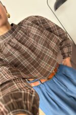 Yakalı Ekose Uzun Kol Crop Kahverengi - Görsel 2