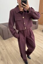 Paçası Çıtçıtlı Gold Düğmeli Takım Mürdüm - Görsel 2