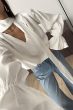 Boyundan Bağlamalı Kolları Volanlı Bluz Beyaz - Görsel 2