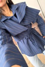 Omzu Fırfırlı Çizgili Gömlek Lacivert - Görsel 2