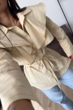 Omzu Fırfırlı Çizgili Gömlek Sarı - Görsel 2