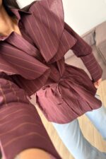 Omzu Fırfırlı Çizgili Gömlek Bordo - Görsel 2