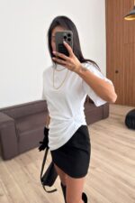 Vatkalı Drapeli Tişört Beyaz