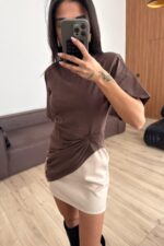 Vatkalı Drapeli Tişört Kahverengi