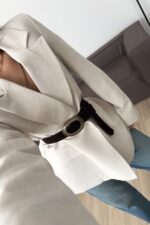 Süet Kemerli Keten Ceket Taş - Görsel 2