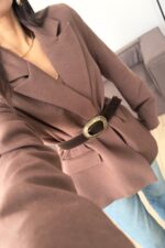 Süet Kemerli Keten Ceket Kahverengi - Görsel 2