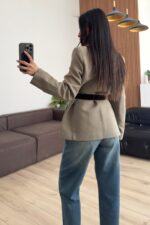 Süet Kemerli Keten Ceket Haki - Görsel 3