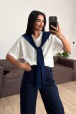 İki Renkli Bağlamalı Tişört Lacivert