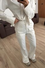 Belden Oturtmalı Gizli Düğmeli Pantolon Takım Ekru - Görsel 3