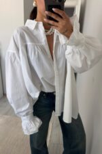 Oversize Balon Kol Gömlek Beyaz - Görsel 2