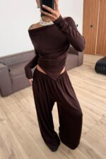 Apoline Üçgen Kesim Crop Pantolon Takım Kahverengi - Görsel 2