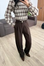 Bou Pileli Palazzo Pantolon Kahverengi - Görsel 2