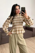 Balon Kol Lastikli Ekose Bluz Haki