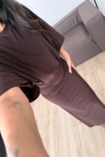 Yarasa Kol Beli Drapeli Elbise Acı Kahve - Görsel 3