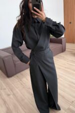 Önü Çapraz Detaylı Gömlek Pantolon Takım Antrasit - Görsel 2