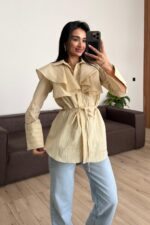 Omzu Fırfırlı Çizgili Gömlek Sarı