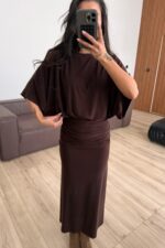 Yarasa Kol Beli Drapeli Elbise Acı Kahve - Görsel 2