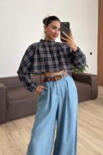 Yakalı Ekose Uzun Kol Crop Lacivert