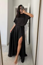 Ous Belden Oturtmalı Yırtmaçlı Saten Elbise Siyah