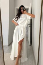 Ous Belden Oturtmalı Yırtmaçlı Saten Elbise Beyaz