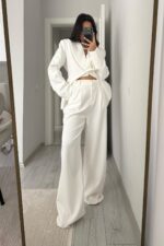 Rosa Pileli Palazzo Pantolon Beyaz