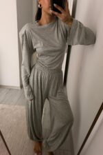 Beli Ayarlanabilir Uzun Kollu Bluz Eşofman Takım Gri - Görsel 2