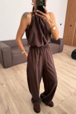 Omuzdan Bağlamalı Halter Yaka Takım Kahverengi - Görsel 2