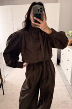 Yakası Kemerli Balon Kol Paraşüt Takım Acı Kahve - Görsel 2