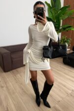 Avenya Gül Detaylı Mini Elbise Ekru - Görsel 2