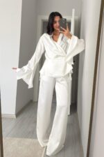 Monita Vatkalı Volanlı Saten Takım Ekru - Görsel 2