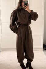 Yakası Kemerli Balon Kol Paraşüt Takım Acı Kahve