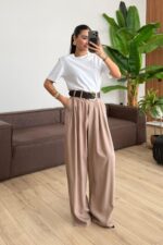 St Gold Kemerli Pileli Pantolon Bej