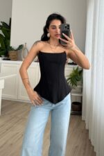 Balenli Straplez Bluz Siyah