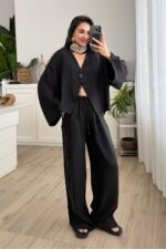 Tek Düğmeli Tensel Kimono Takım Siyah