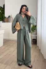 Tek Düğmeli Tensel Kimono Takım Haki