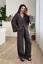 Tek Düğmeli Tensel Kimono Takım Kahverengi