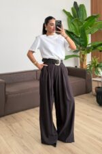 St Gold Kemerli Pileli Pantolon Kahverengi