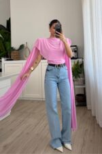 Vatkalı Kolları Pelerinli Bluz Pembe