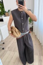 Nora Pileli Geniş Paça Pantolon Kahverengi - Görsel 2