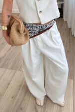 Nora Pileli Geniş Paça Pantolon Krem - Görsel 2