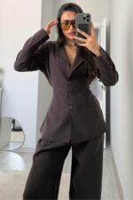 Melo Beli Bağlamalı Ceket Pantolon Takım Kahverengi - Görsel 3