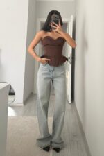 Paçası Yırtık Wide Leg Duman Jean