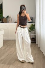 Anthe Geniş Pileli Pantolon Beyaz