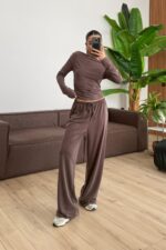 Relax Düşük Omuz Bluz Pantolon Takım Kahverengi